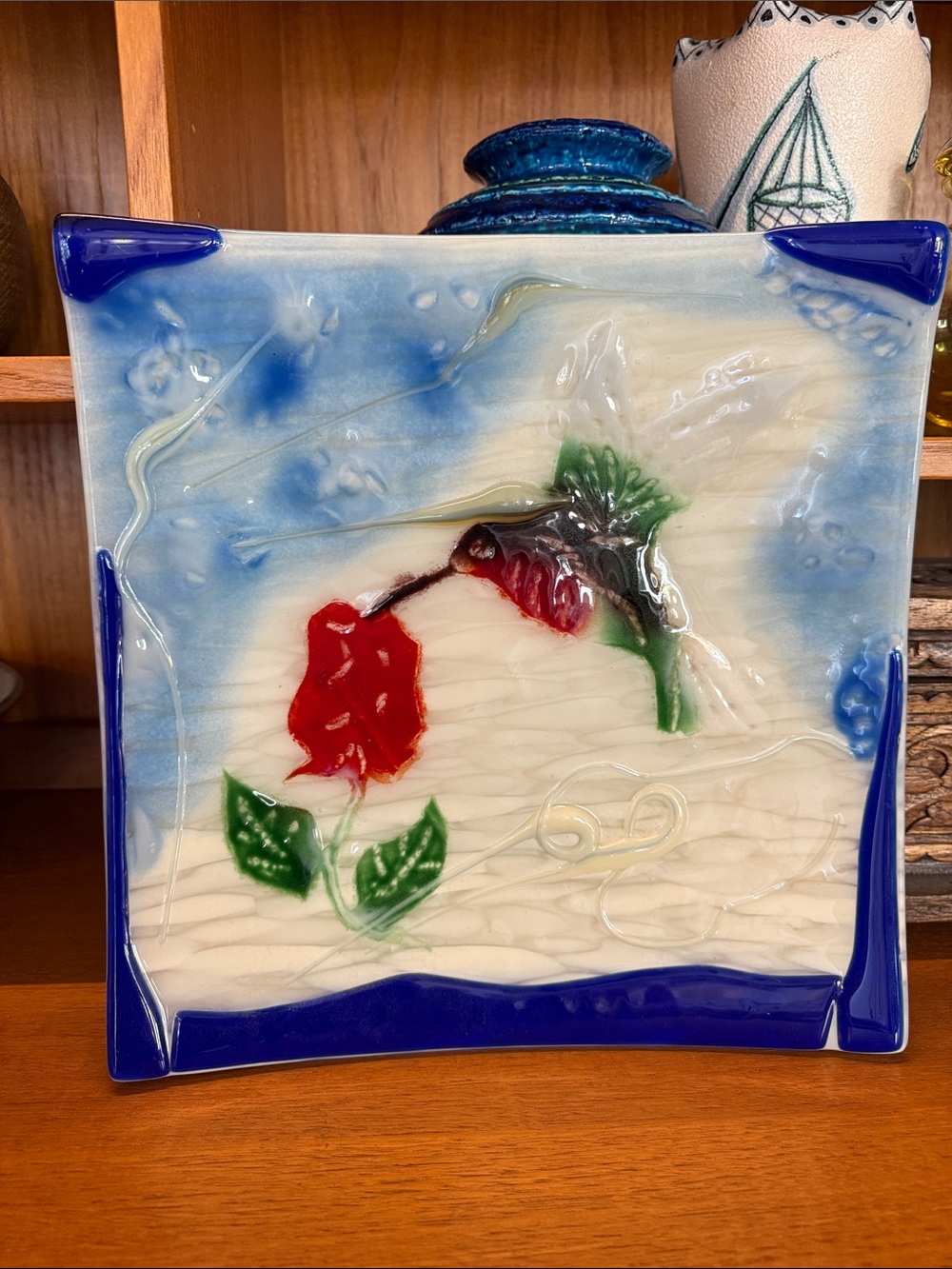 Handcrafted vibrant handmade fused glass art plate  hummingbird